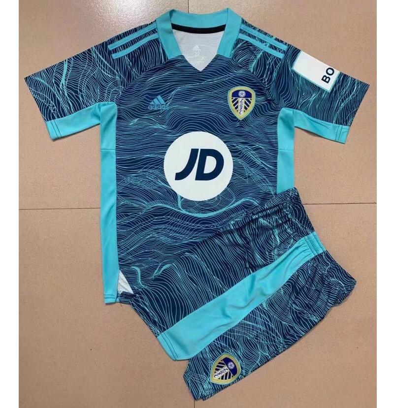 Kids Leeds United FC 2021/22 Goalkeeper Blue Soccer Kits Shirt With Shorts